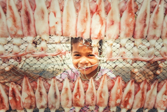 Cambodja meisje tussen de vis